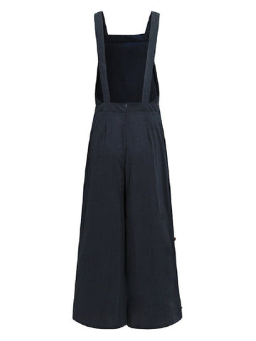 Women Cotton Solid Color Sleeveless Vintage Casual Wide-Leg Jumpsuit with Side Pockets