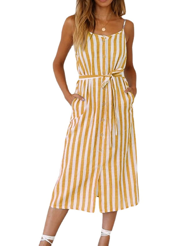 Women's Button Fashion Outdoor Sleeveless Fit Stripe Dress With Pocket