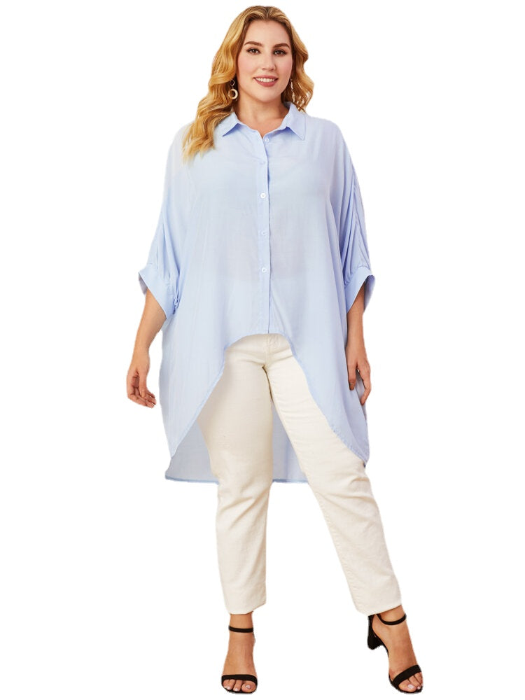 Plus Size Women Lapel High Low Asymmetrical 3/4 Sleeve Casual Longline Shirts