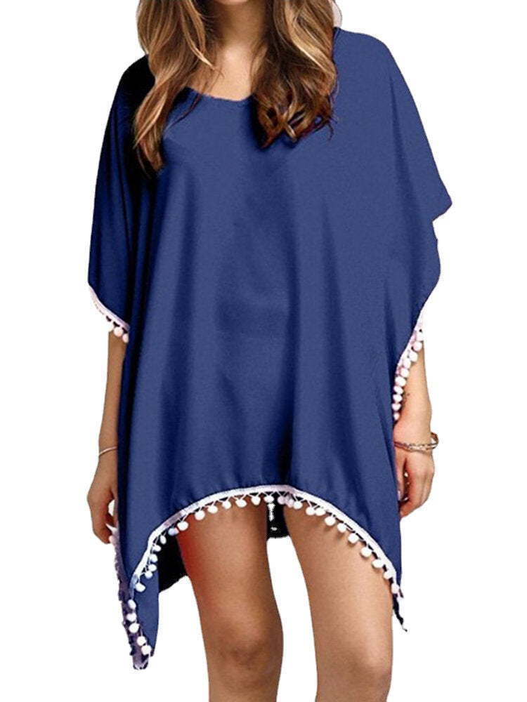 Women Solid Color Tassel Bat Sleeve Sun Protection Cover Ups Sunscreen Beachwear