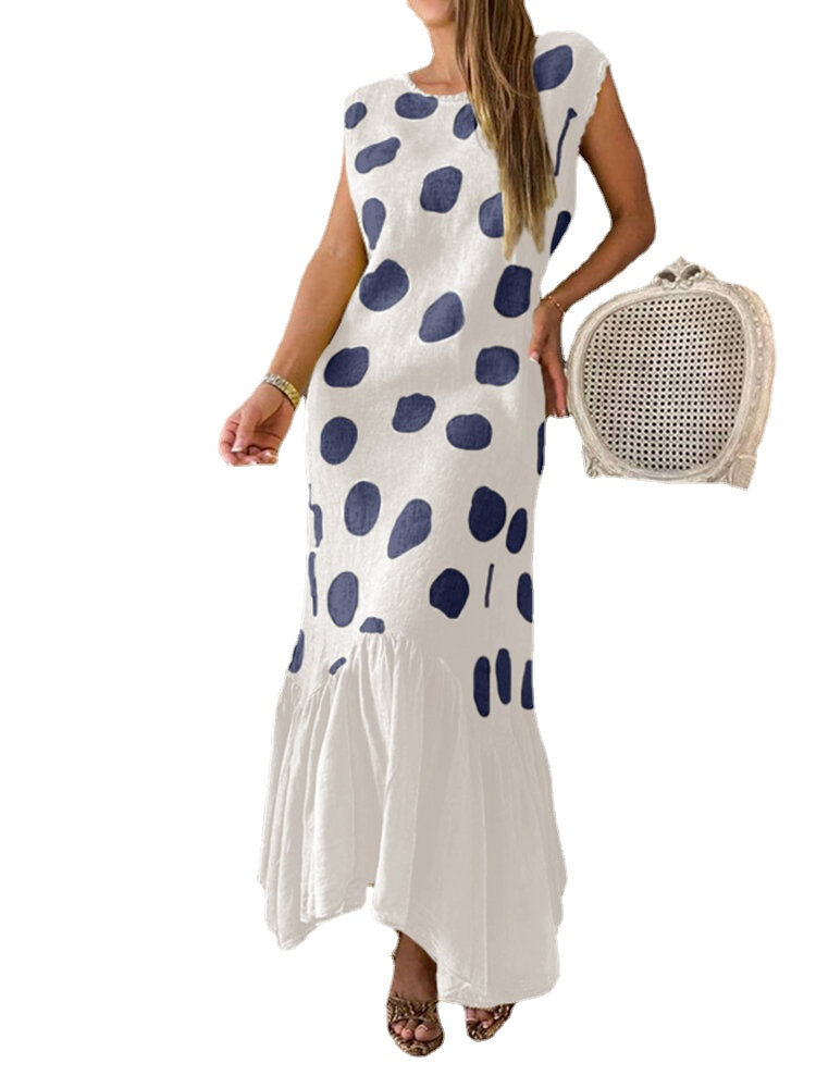 Sleeveless Splicing Polka Dot Summer Holiday Casual Dress For Women