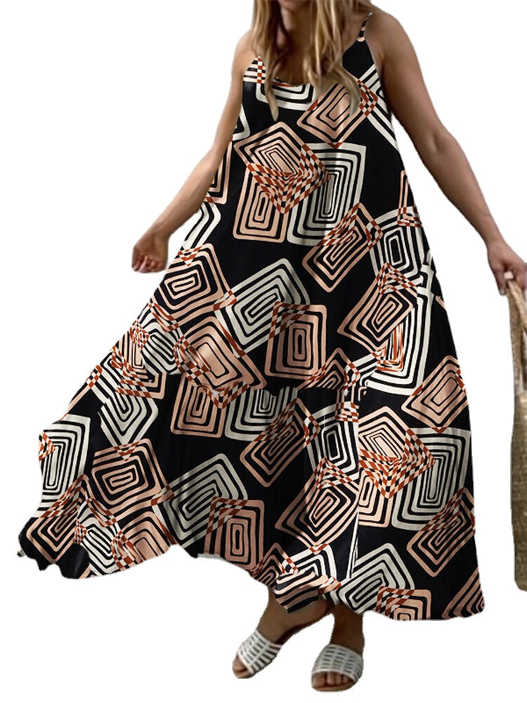 Geometry Print Backless Sleeveless V Neck Spaghetti Maxi Dress