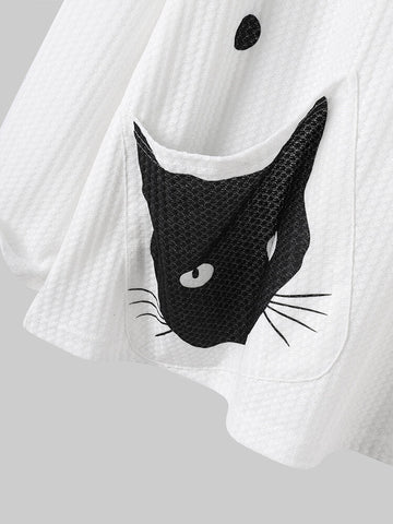Women Polka Dot Cartoon Cat Print Long Sleeve Casual Blouses