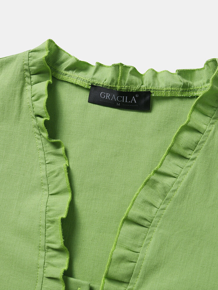 Women Green Ruffle Trim Long Sleeve Drawstring Button Casual Blouse