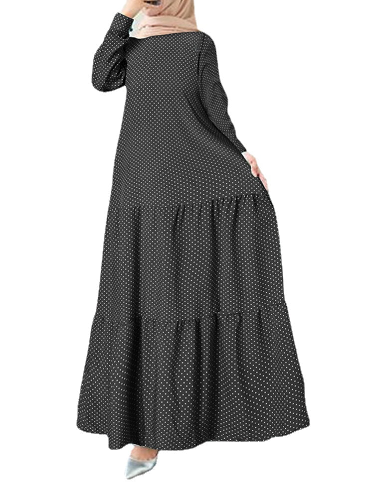 Polka Dot Print Back Button Long Sleeve Bohemia Stitching Maxi Dress
