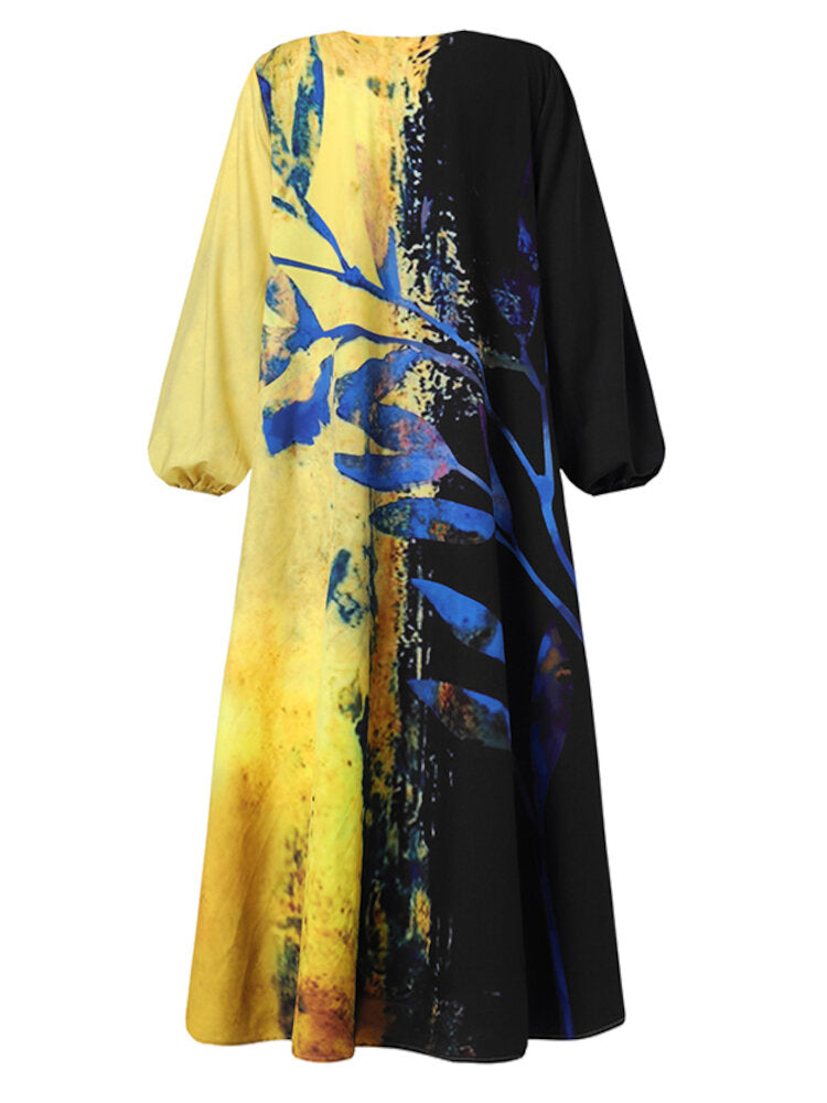 Plant Contrast Print V-neck Elastic Cuffs Casual Long Sleeve Maxi Dresses For Women