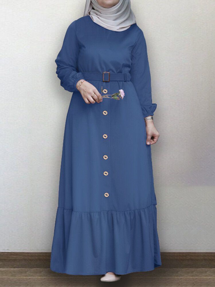 Women Ruffle Hem Solid Color Button Belted Casual Long Sleeve Maxi Dress