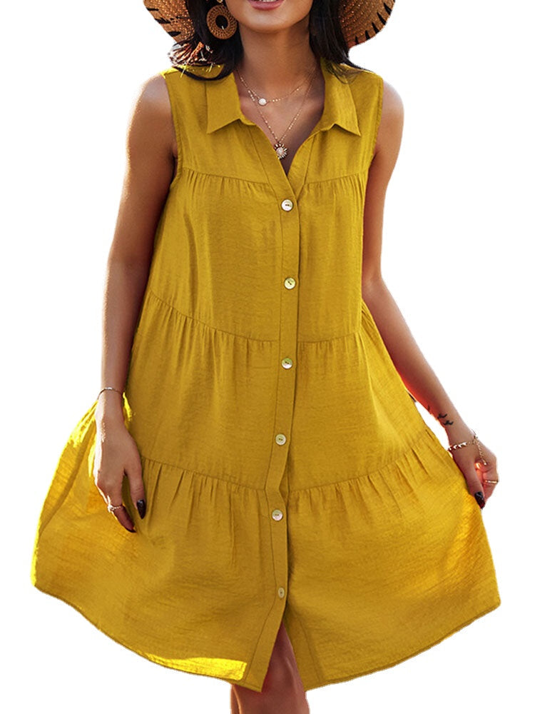 Solid Color Lapel Sleeveless Button Loose Casual Dress For Women