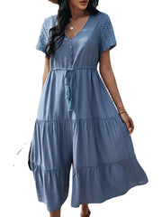 Solid Color Button Drawstring Short Sleeve V-neck Stitching Casual Dress