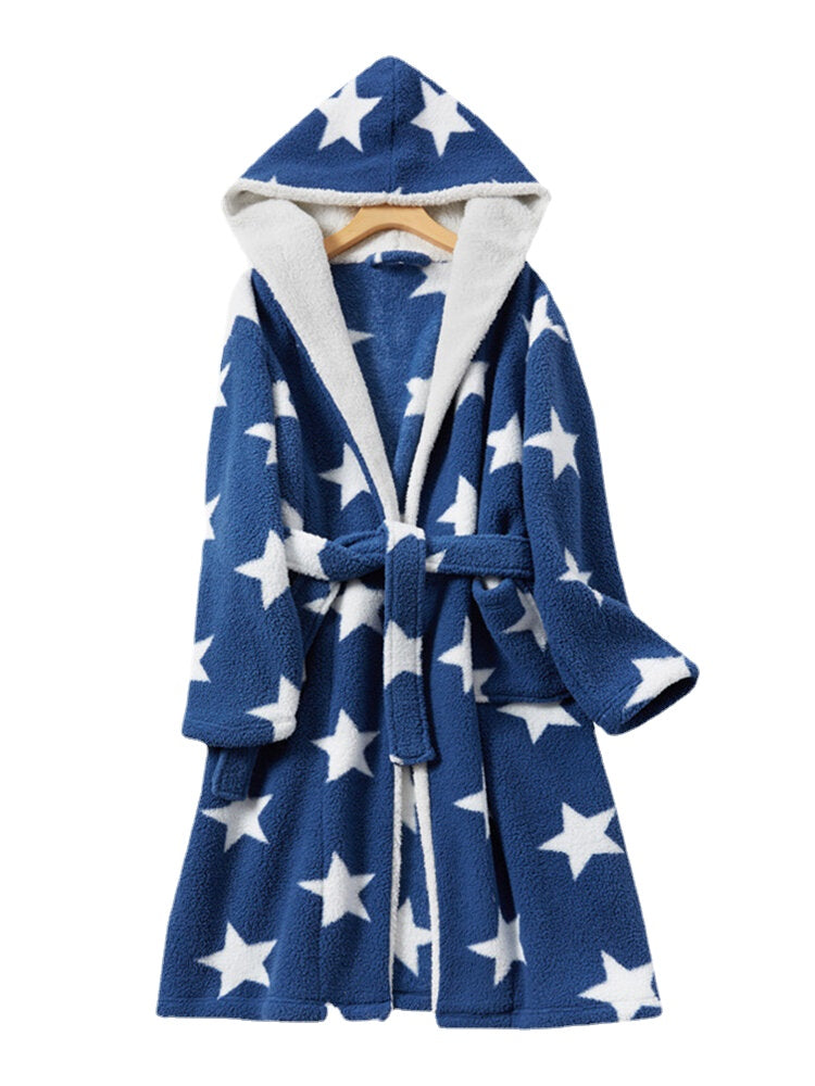 Women Star Print Fleece Thick Lace-Up Double Pockets Casual Home Warm Hooded Robes