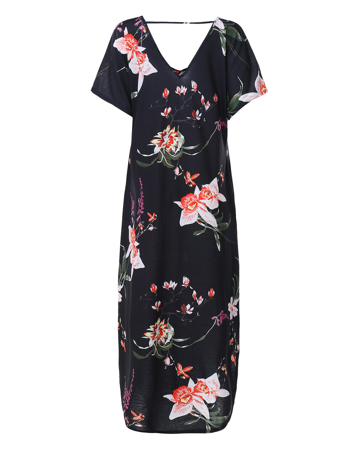 Women Summer Floral Print V Neck Short Sleeves Casual Loose Long Maxi Dress