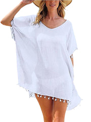 Women Solid Color Translucent Tassel V-Neck Sun Protection Cover Ups