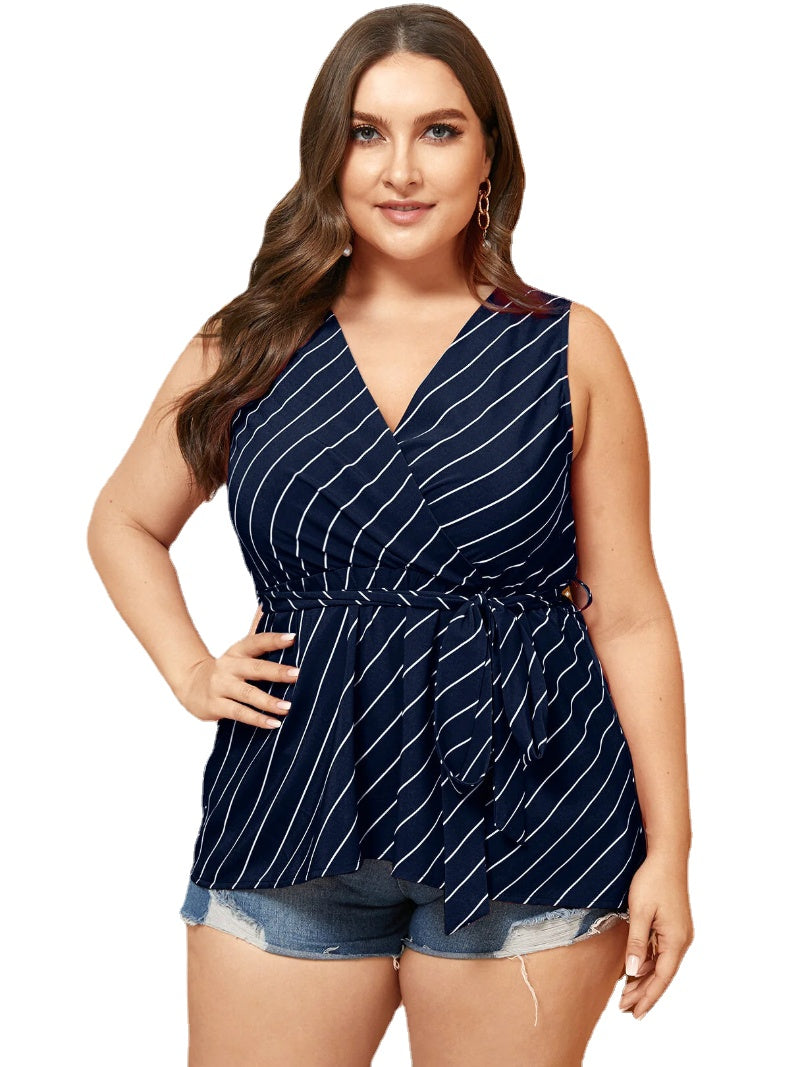 Plus Size Belt Design Striped V-neck Tank Top