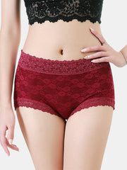 Women Solid Color Lace Full Hip High Waist Panties