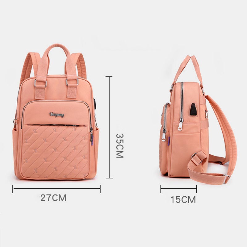 Women Nylon Letter Embroidery Pattern Usb Charging Large Capacity Backpack Computer Bag