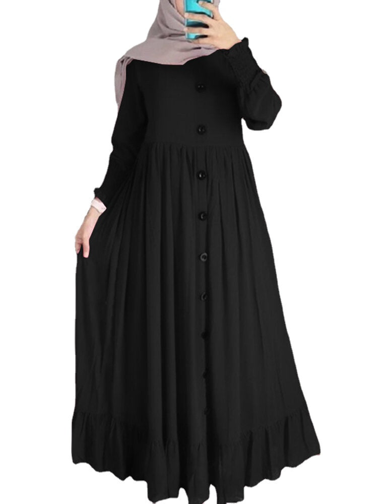 Women Solid Color Ruffles Hem Pleats Puff Sleeve Maxi Dress