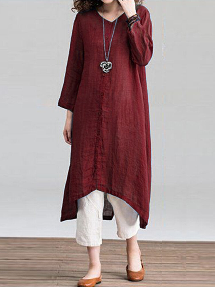 Vintage Women Solid Loose Round Neck Button Down Front 3/4 Sleeve Dress