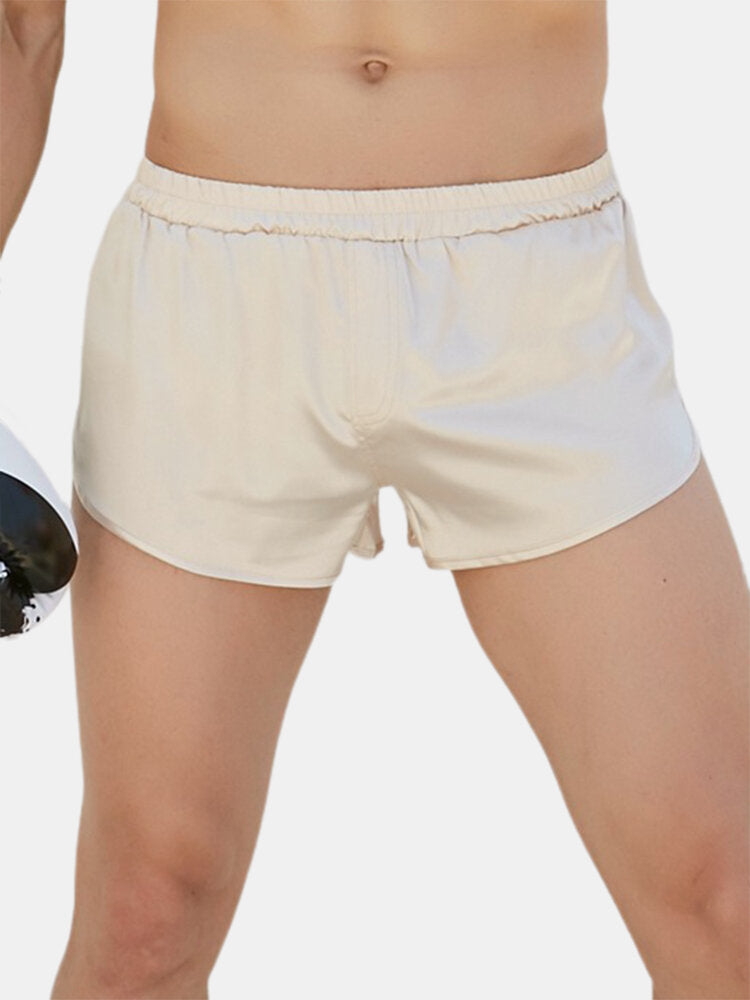 Mens Solid Color Soft Silk Breathable Loose Lightweight Home Elastic Mid Waist Boxers