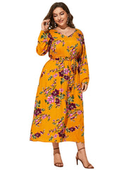 Plus Size V-neck Floral Print Belt Design Long Sleeves Dress
