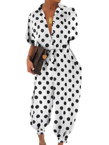 Casual Polka Dot Print Lapel Short Sleeve Button Belted Pocket Jumpsuits For Women