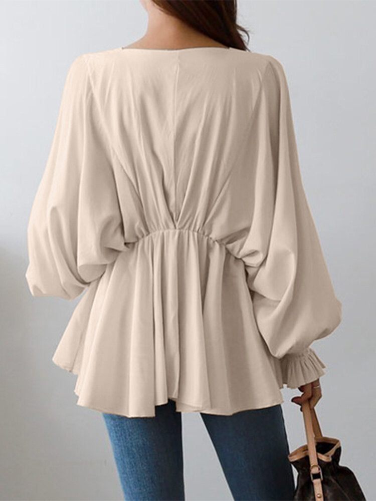 Women Solid Color V-Neck Puff Sleeve Ruffles Hem Casual Blouse