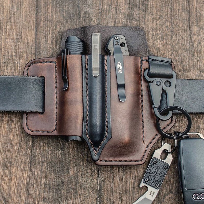 Men Genuine Leather Multitool Flashlight Key Pen Organizer Gear Waist Belt Bag