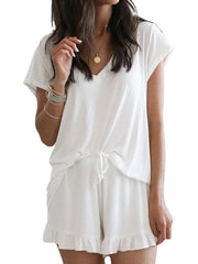 Solid Color Home Loungewear V-neck Short Sleeve Two Piece Set