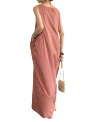 Women Elegant Solid Color Side Pockets Design Sleeveless Casual Maxi Dress