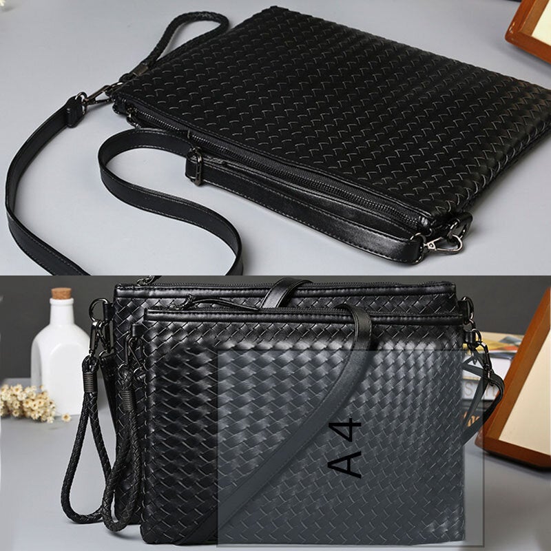 Unisex Faux Leather Woven Pattern Solid Color Business A4 Paper File Bag Envelope Clutch