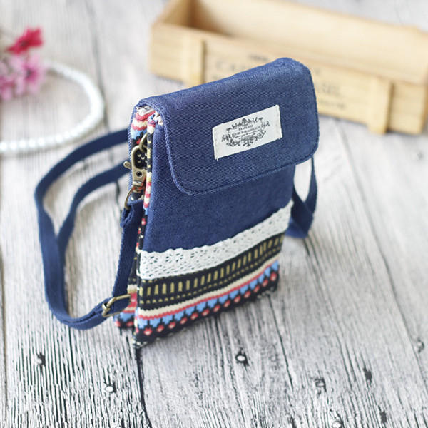 Women Denim Three Interlayers Flower Printing Mini Shoulder Bags Lace Crossbody 6.0'' Phone Bag