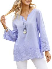 Women Notched Neckline Floral Hollow Out Long Sleeve Casual Blouse