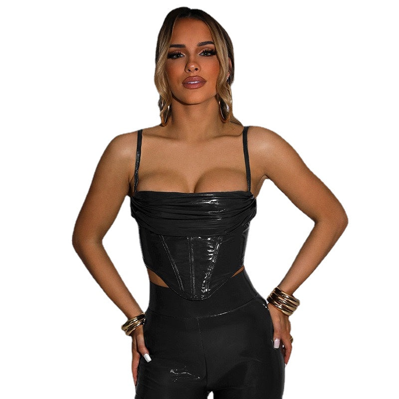 Fashionable Sexy Skinny Hot Girls Fishbone Cropped Metal Zip Tank Top