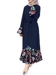 Women Floral Print Patchwork Mermaid Hem Long Sleeve Lace-Up MaxiDress