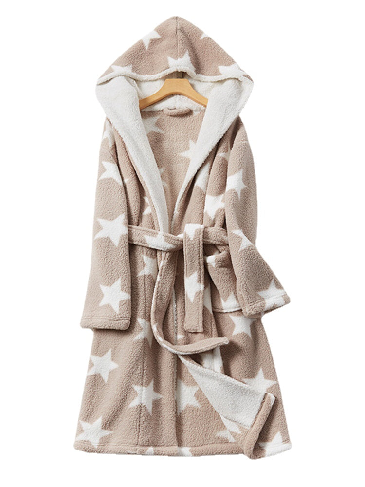 Women Star Print Fleece Thick Lace-Up Double Pockets Casual Home Warm Hooded Robes