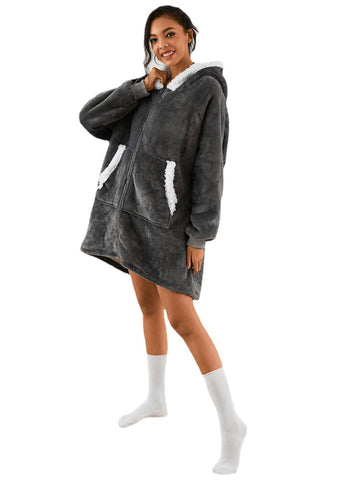 Women Zipper Kangaroo Pocket Plush Oversized Blanket Hoodie Warm Thicken Sleepwear Robes