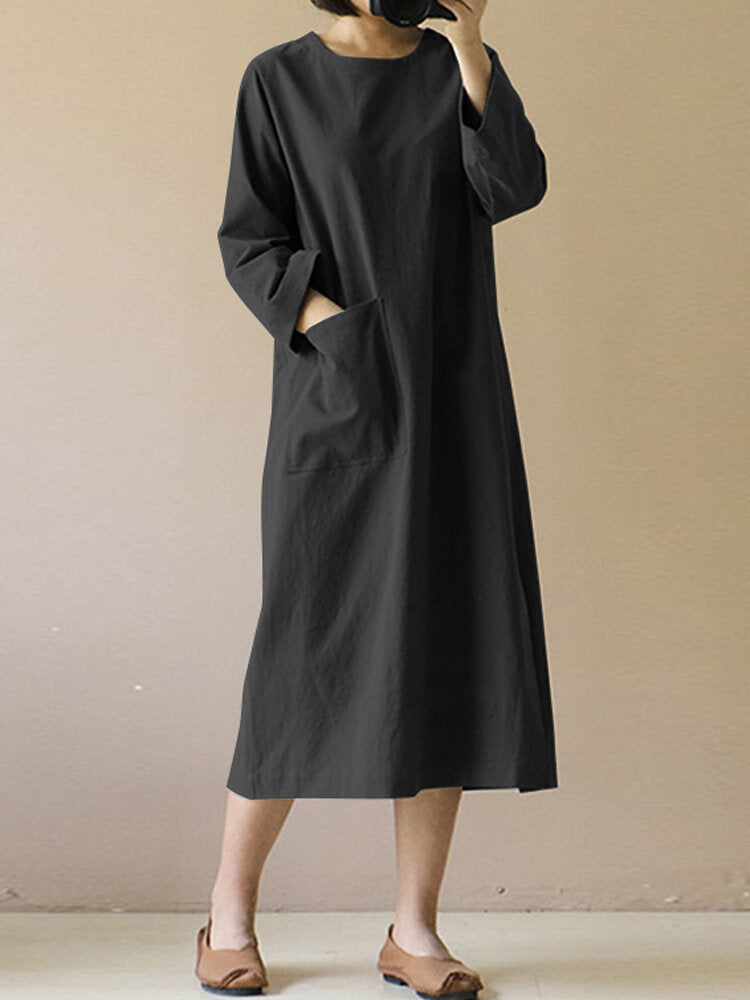 Women Vintage 3/4 Sleeve Split Casual Solid Mid-long Dress