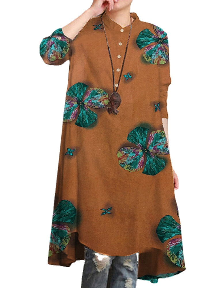Women Cotton Button Vintage Print High-LowHem Retro Shirt Dress