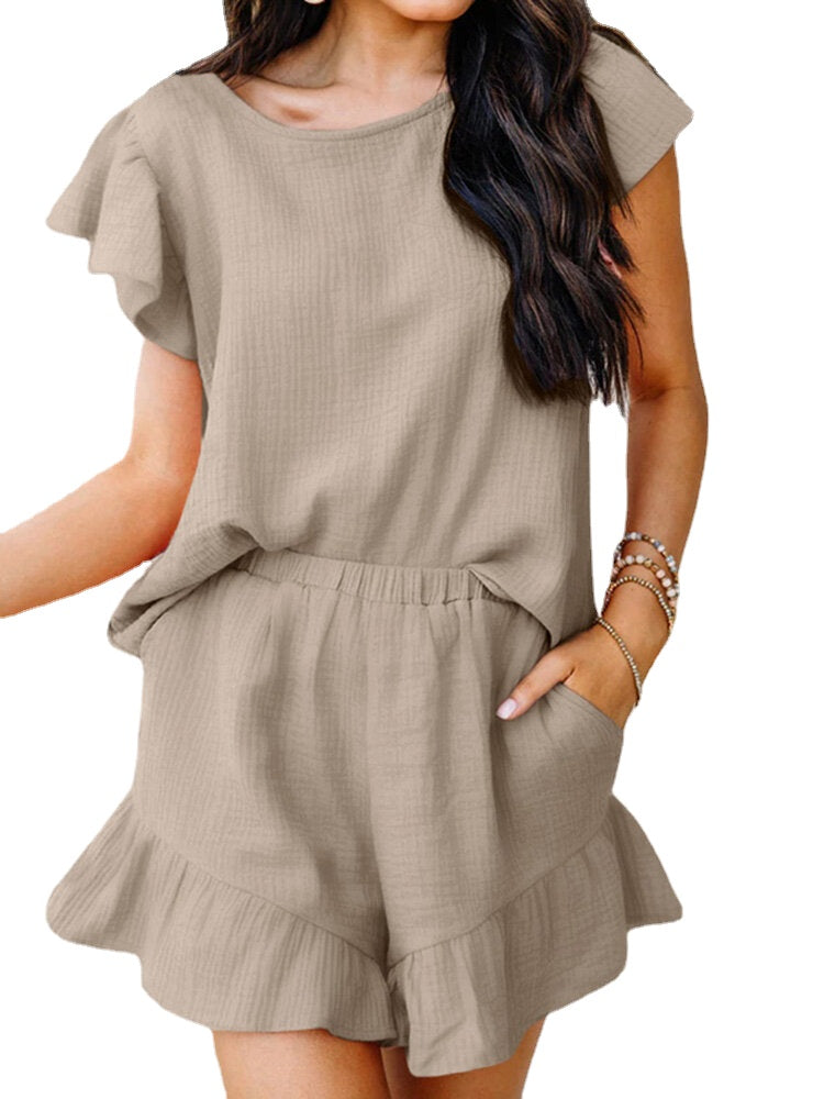 Solid Pocket Ruffle Casual Cotton Suit