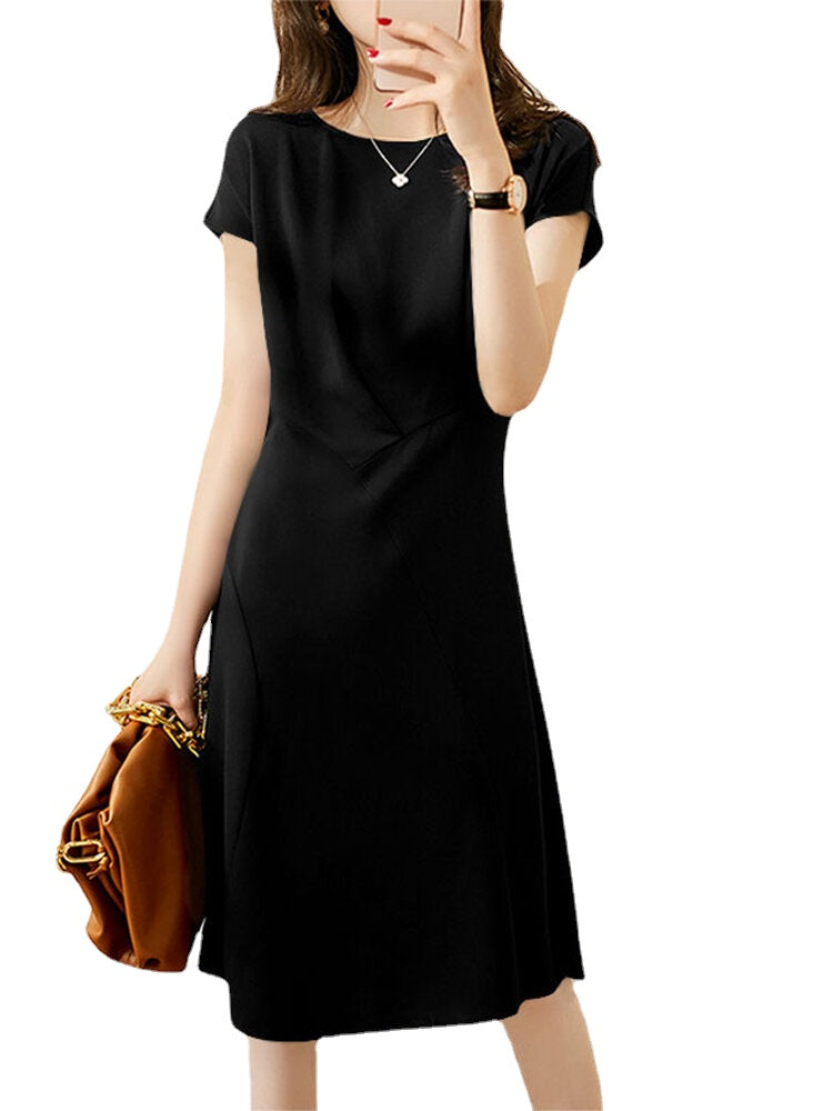 Solid Invisible Zip Side Short Sleeve Crew Neck Dress