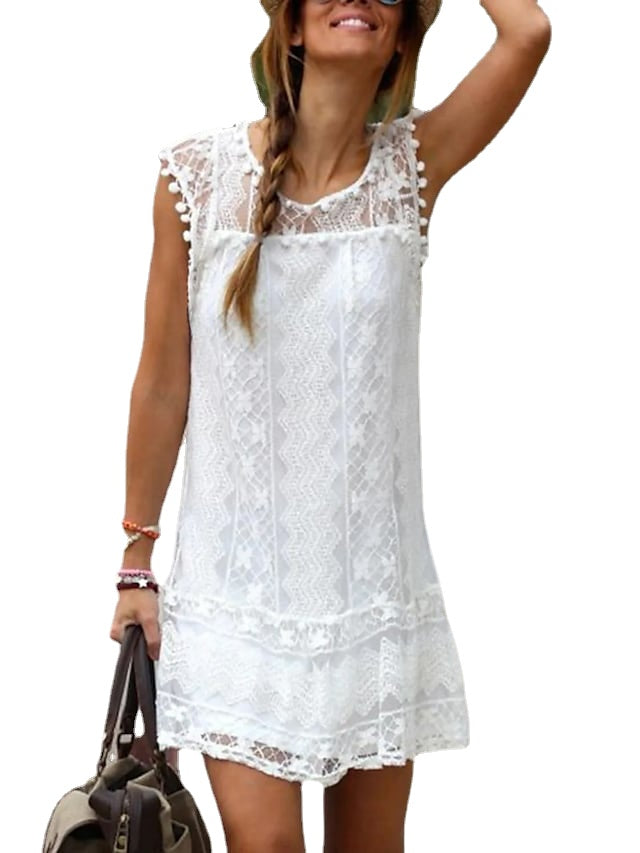 Women's Sleeveless Pure Color Crew Neck Daily Vacation Lace Dress