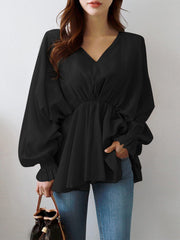 Women Solid Color V-Neck Puff Sleeve Ruffles Hem Casual Blouse