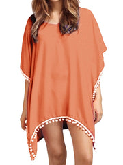 Women Solid Color Tassel Bat Sleeve Sun Protection Cover Ups Sunscreen Beachwear