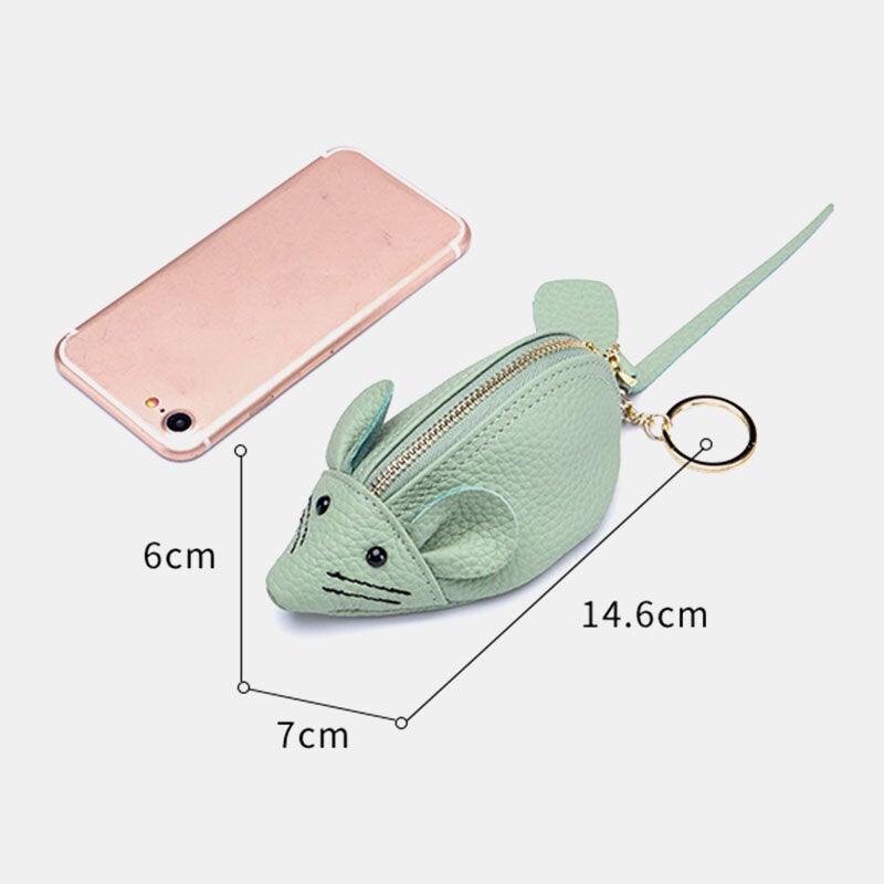 Women Genuine Leather Casual Cute Animal Mouse Pattern Mini Keychain Coin Storage Bag