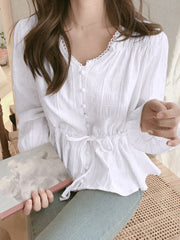 Solid Drawstring Flounce Sleeve Button V-neck Blouse