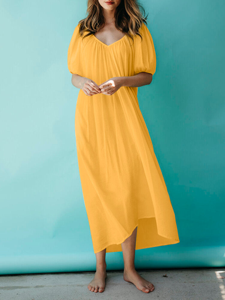 Solid Puff Sleeve Pleated Daily Casual Chiffon Maxi Dress