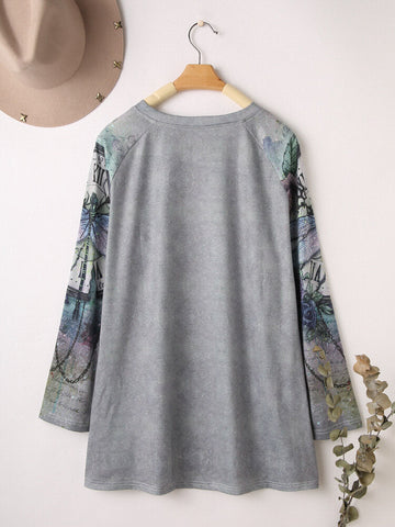 Vintage Dragonfly Printed Long Sleeve O-neck Blouse For Women