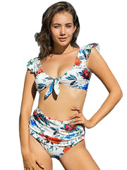 Women Floral Print Tie Front High Waist Bikini Backless Swimwear