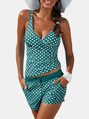 Women Polka Dot Wide Straps Twisted Cover Belly Tankini