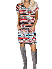 Women Ombre Printing O-Neck Casual Short Sleeve Mini Dresses With Pocket