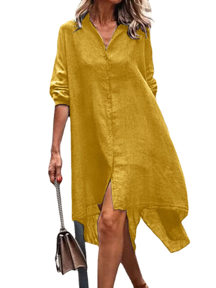 Women Solid Color Lapel Lack Slit Loose Shirt Dress